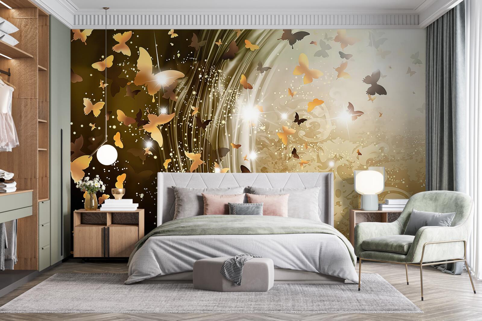 Fototapeta zlaté pozadie s motýľmi