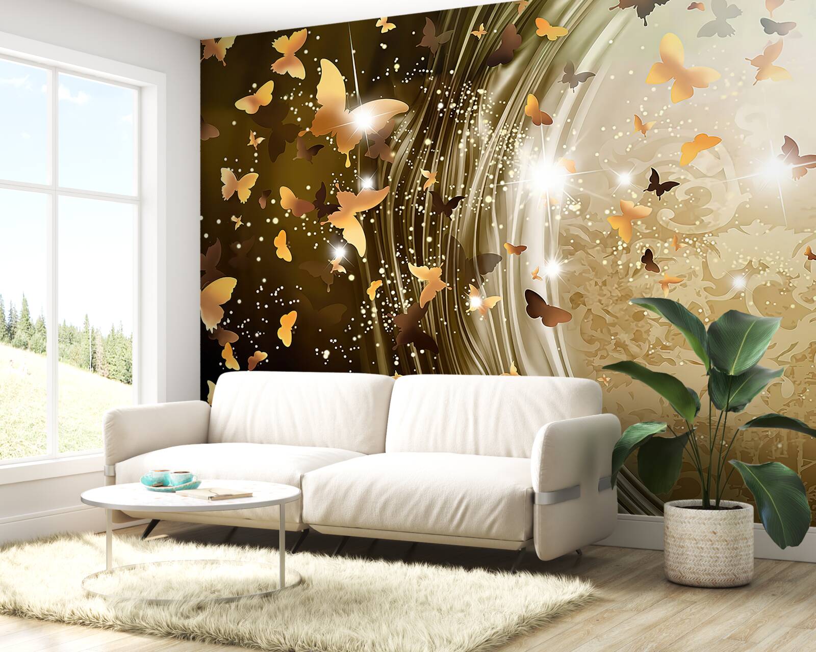 Fototapeta zlaté pozadie s motýľmi