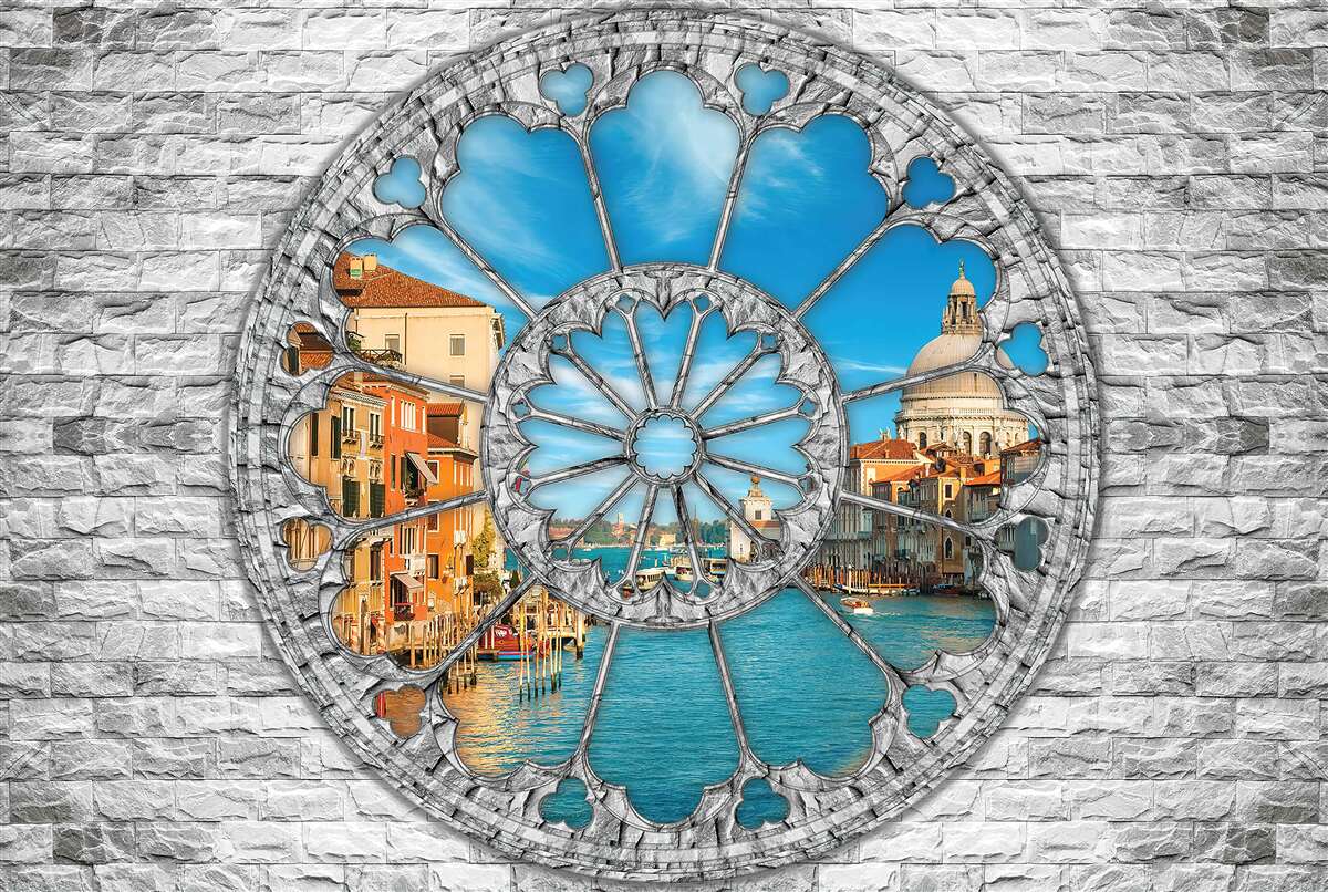 Fototapeta okno s panorámou rieky a mesta