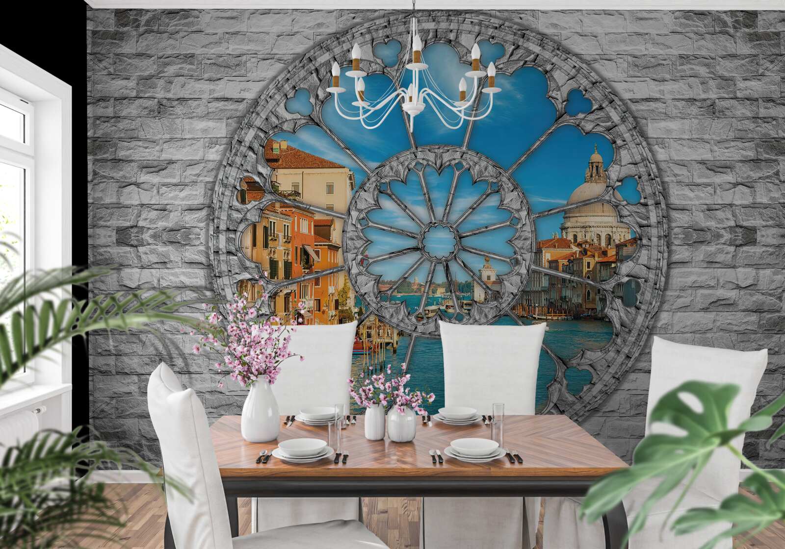 Fototapeta okno s panorámou rieky a mesta