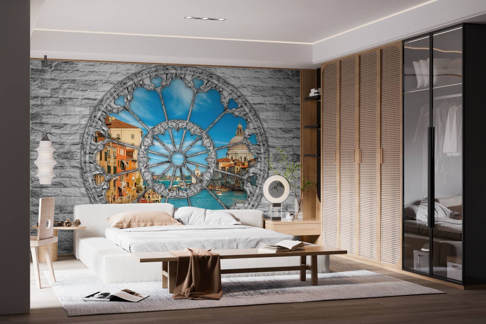 Fototapeta okno s panorámou rieky a mesta