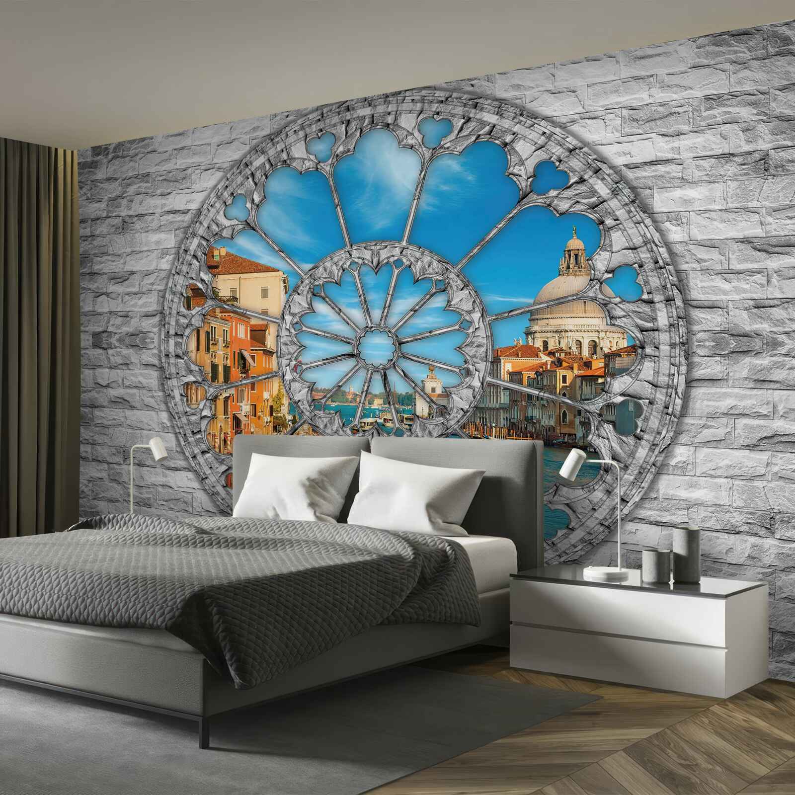 Fototapeta okno s panorámou rieky a mesta