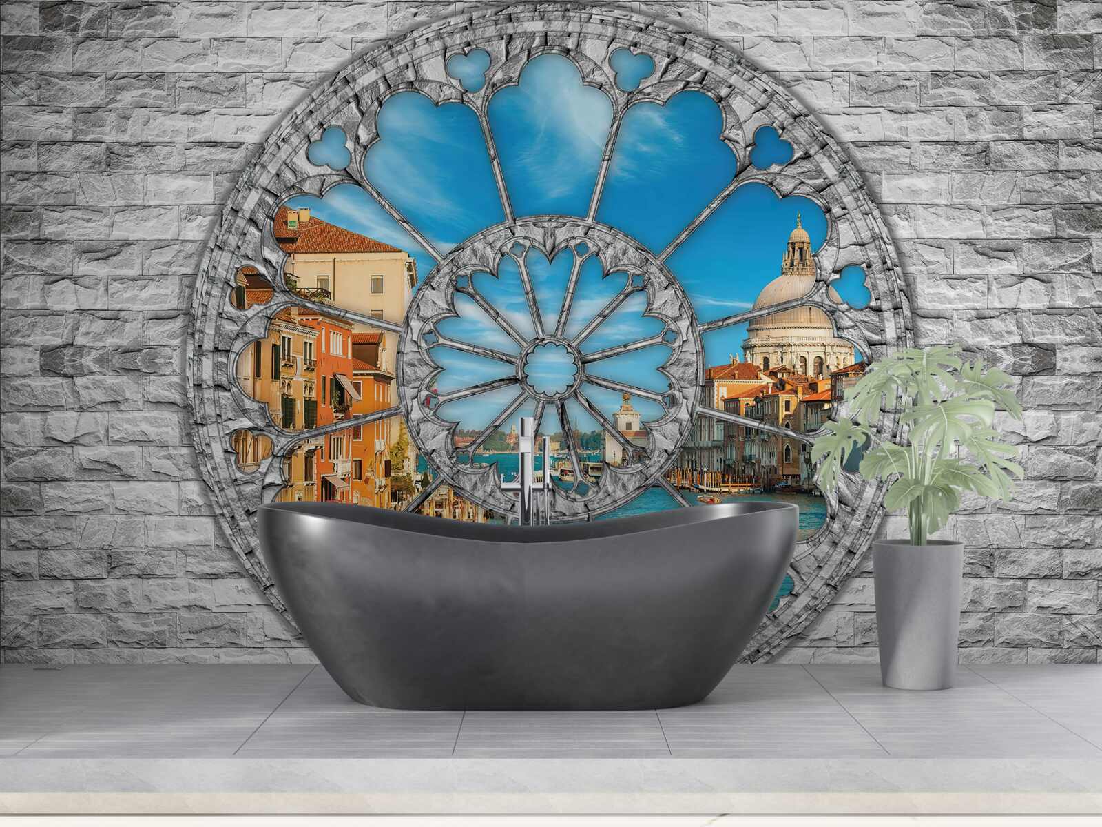 Fototapeta okno s panorámou rieky a mesta