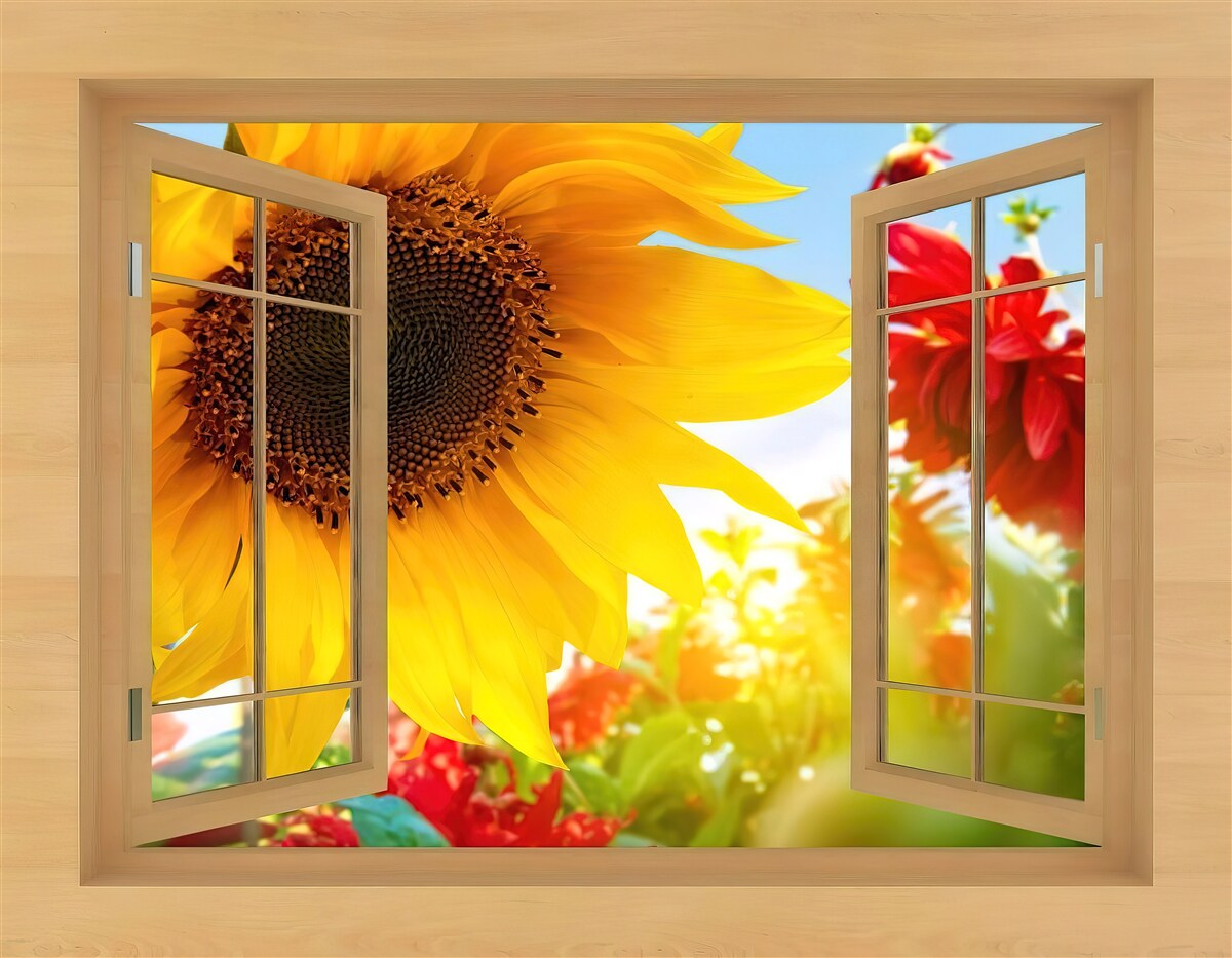 Fototapeta veľké kvety vyzerajú z okna