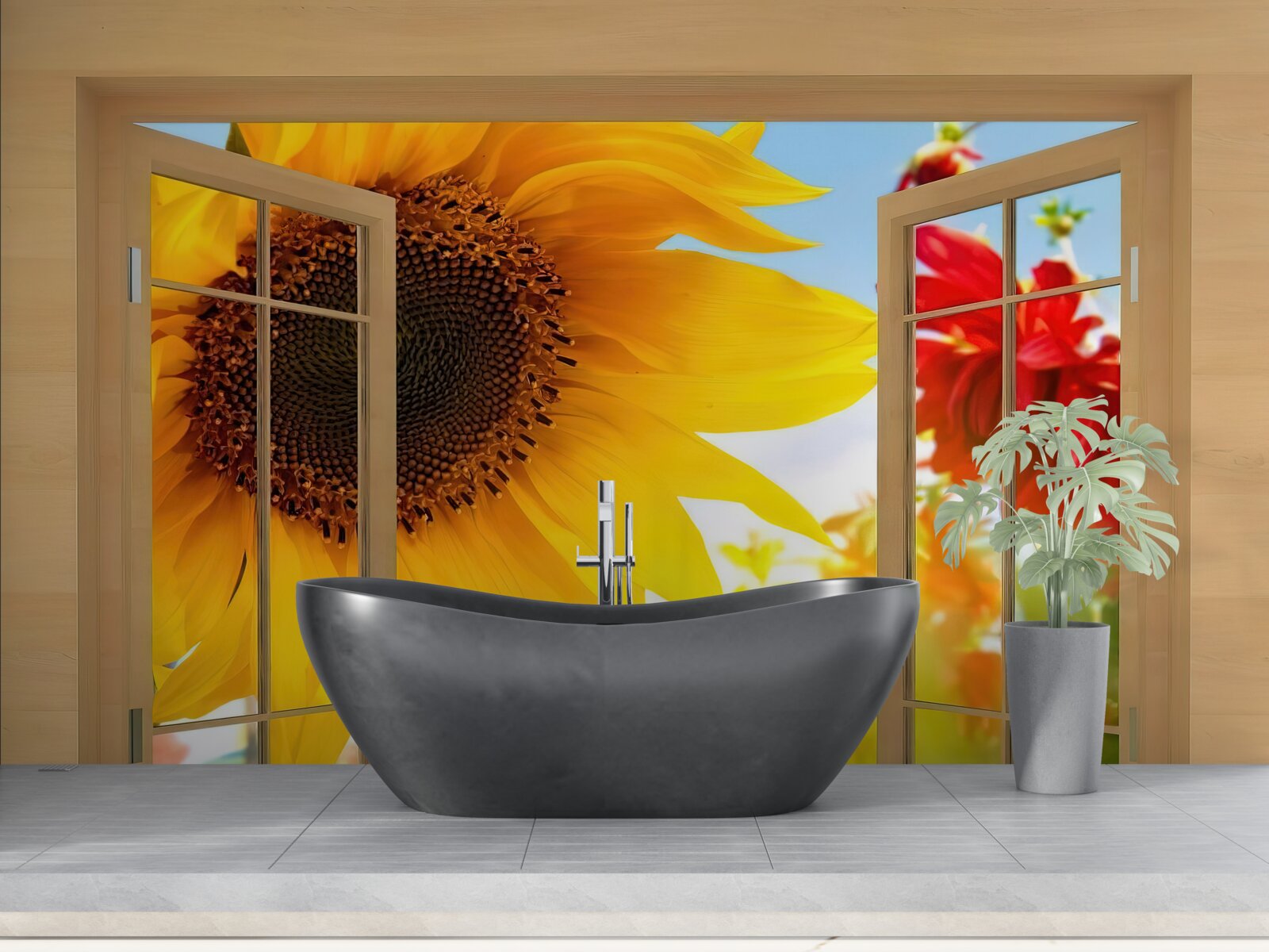 Fototapeta veľké kvety vyzerajú z okna