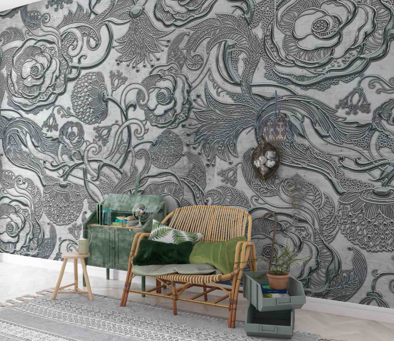 Fototapeta kvety so strieborno-šedým obrysom