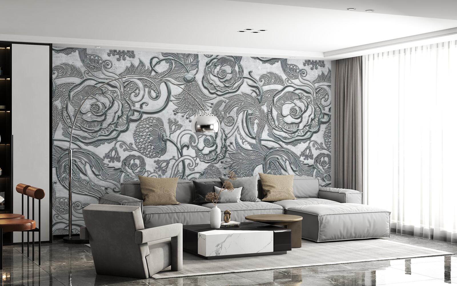 Fototapeta kvety so strieborno-šedým obrysom