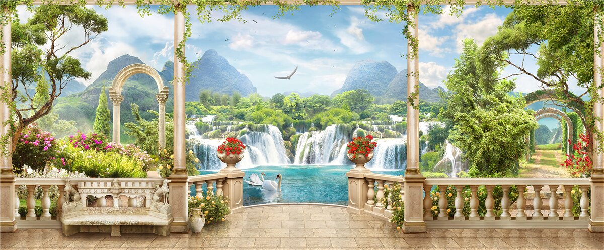 Fototapeta panoráma balkóna ukazuje vodopád a elegantne plávajúce labute