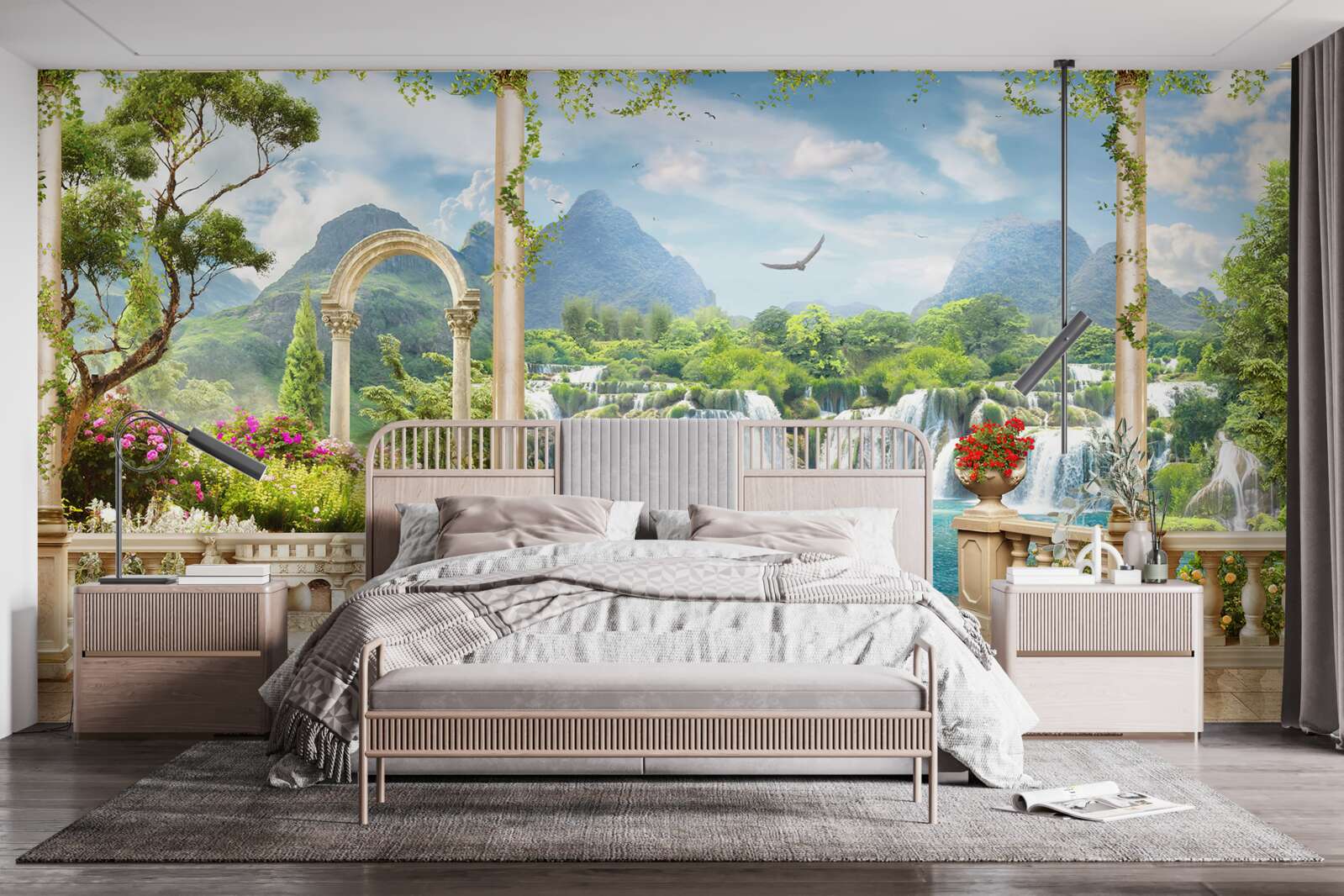 Fototapeta panoráma balkóna ukazuje vodopád a elegantne plávajúce labute