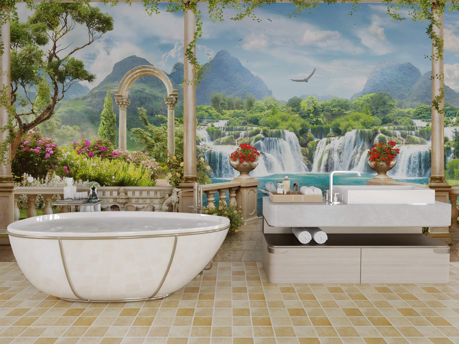 Fototapeta panoráma balkóna ukazuje vodopád a elegantne plávajúce labute