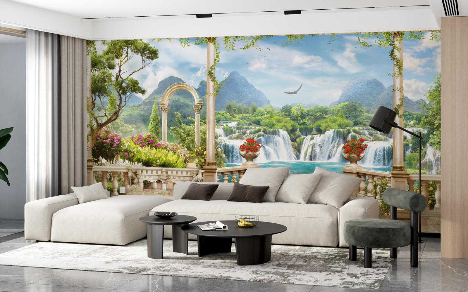 Fototapeta panoráma balkóna ukazuje vodopád a elegantne plávajúce labute