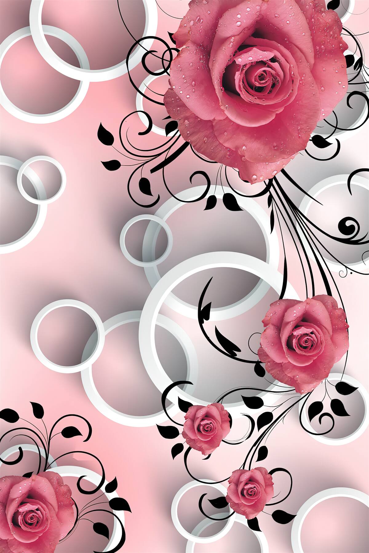 Fototapeta ružové ruže vo svetlých odtieňoch na pozadí rovnakej farby s bielymi kruhmi