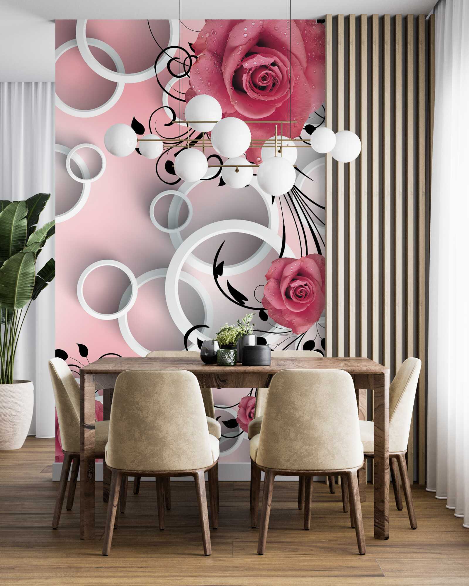 Fototapeta ružové ruže vo svetlých odtieňoch na pozadí rovnakej farby s bielymi kruhmi