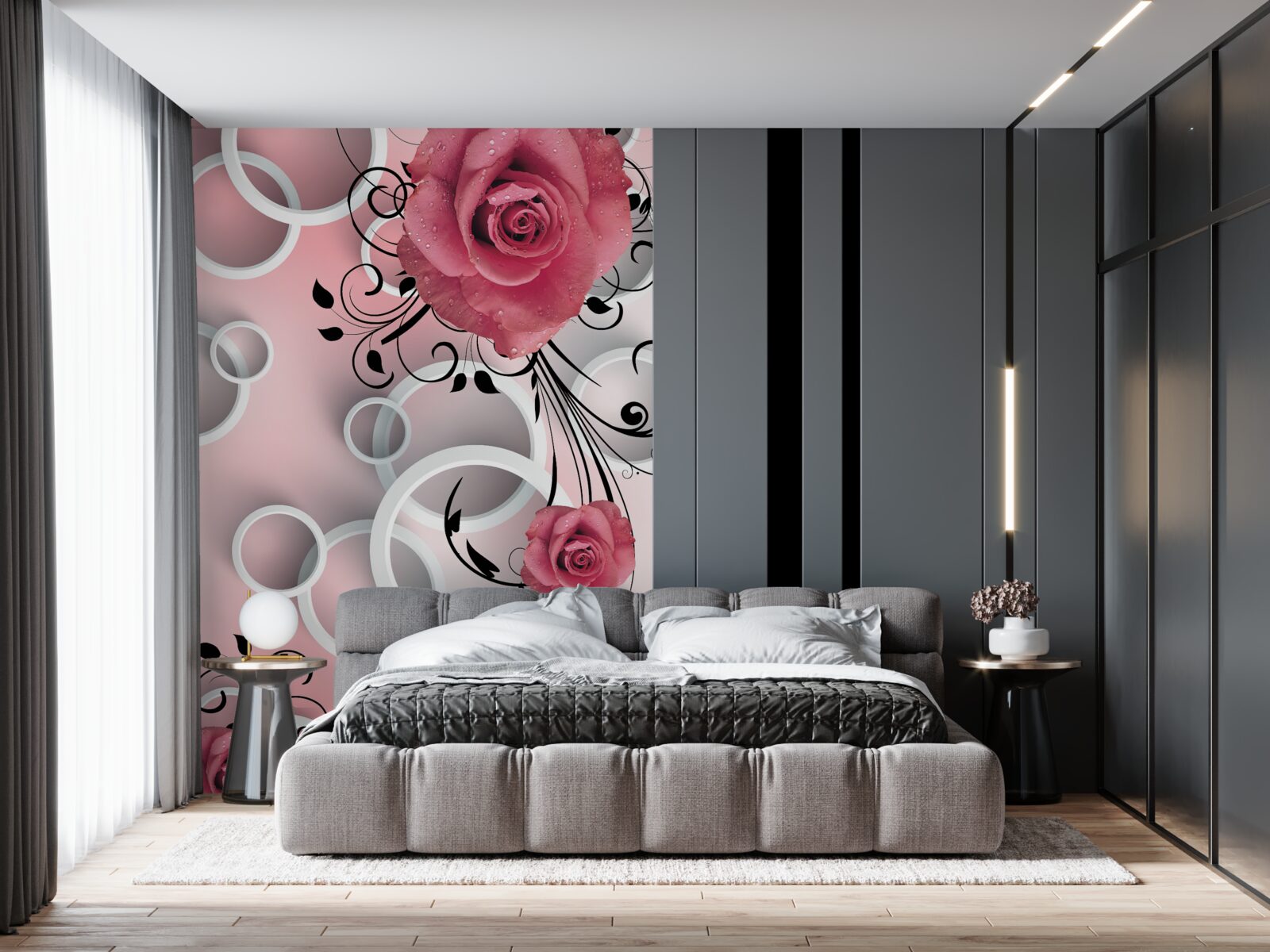 Fototapeta ružové ruže vo svetlých odtieňoch na pozadí rovnakej farby s bielymi kruhmi