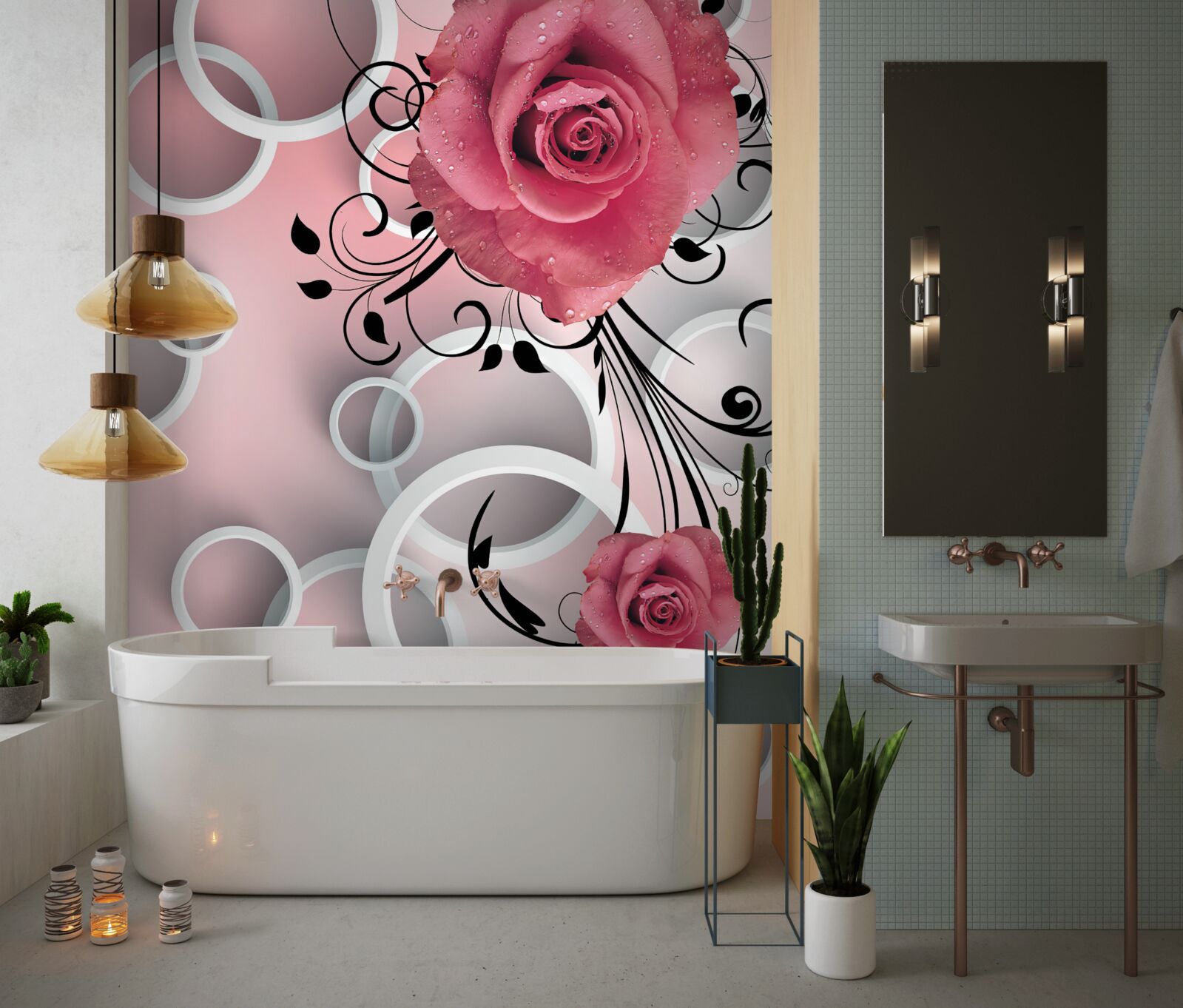 Fototapeta ružové ruže vo svetlých odtieňoch na pozadí rovnakej farby s bielymi kruhmi