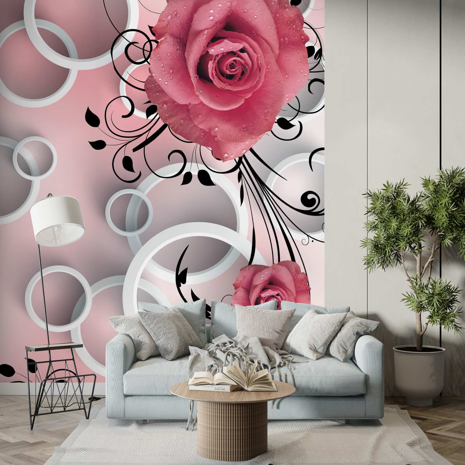 Fototapeta ružové ruže vo svetlých odtieňoch na pozadí rovnakej farby s bielymi kruhmi