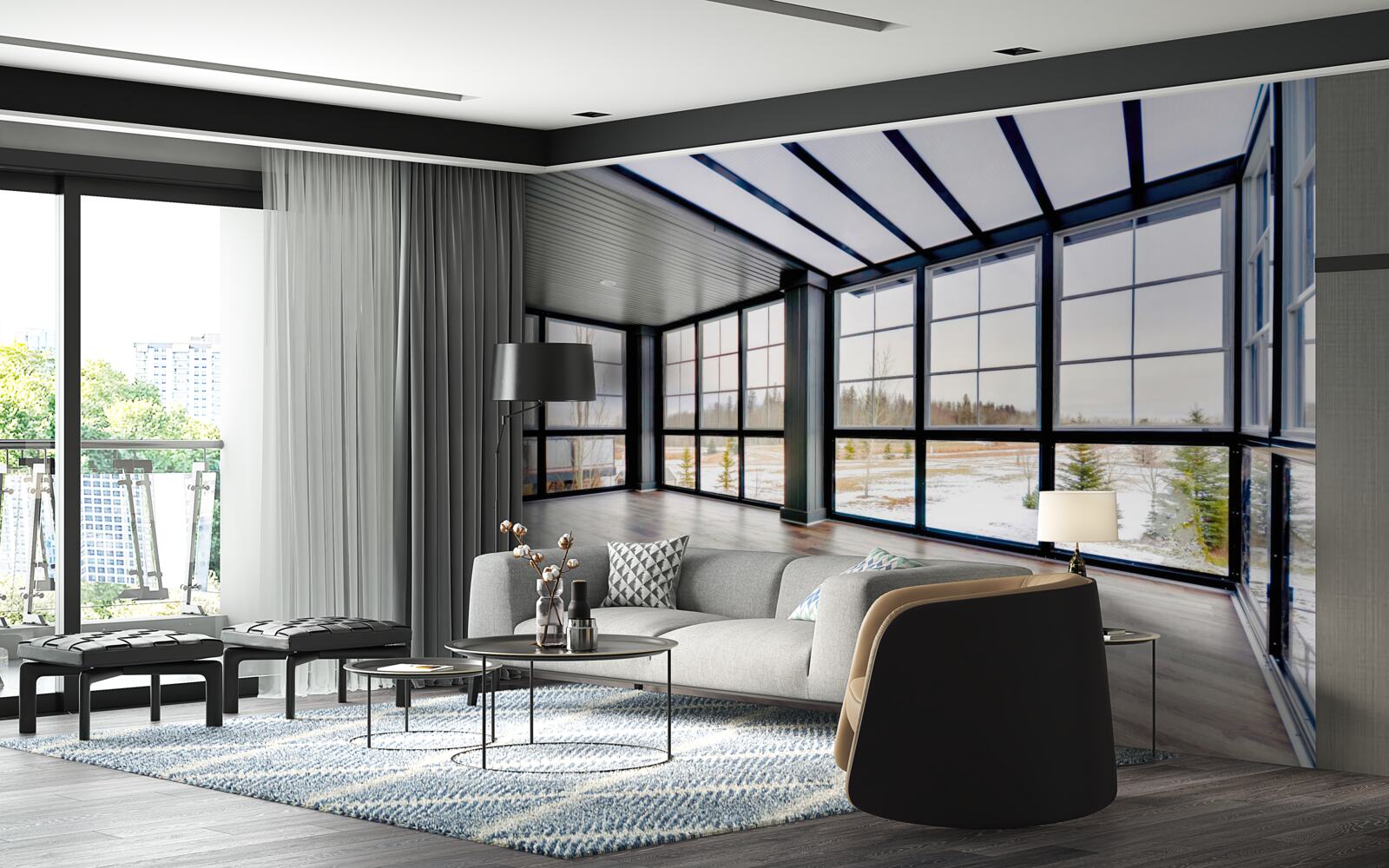 Fototapeta nezariadená izba s oknami od podlahy až po strop