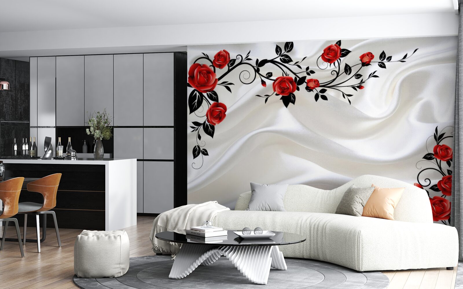 Fototapeta biele saténové a šarlátové ruže