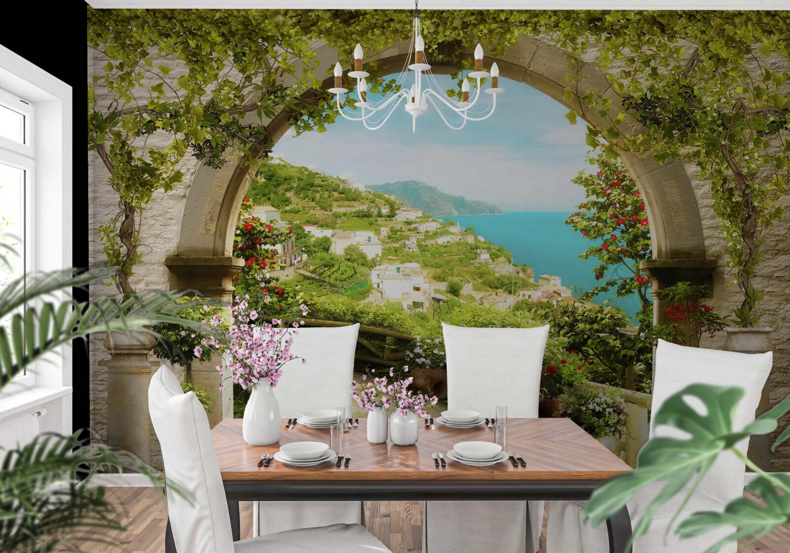 Fototapeta stĺpy vedúce do záhrady plnej kvetov