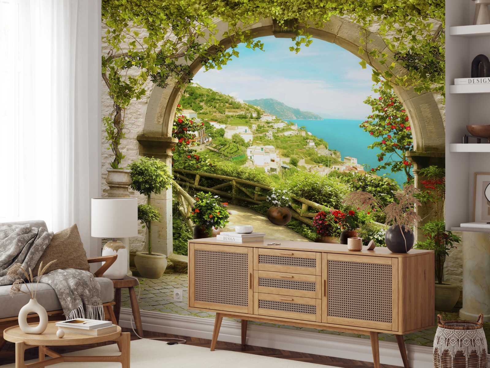 Fototapeta stĺpy vedúce do záhrady plnej kvetov