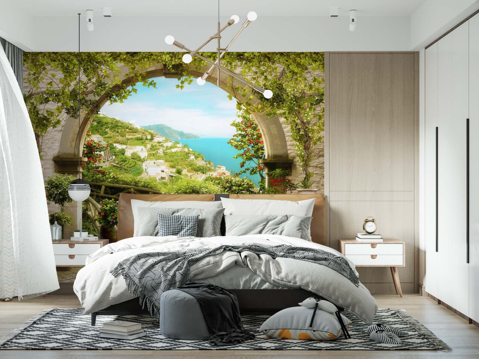 Fototapeta stĺpy vedúce do záhrady plnej kvetov