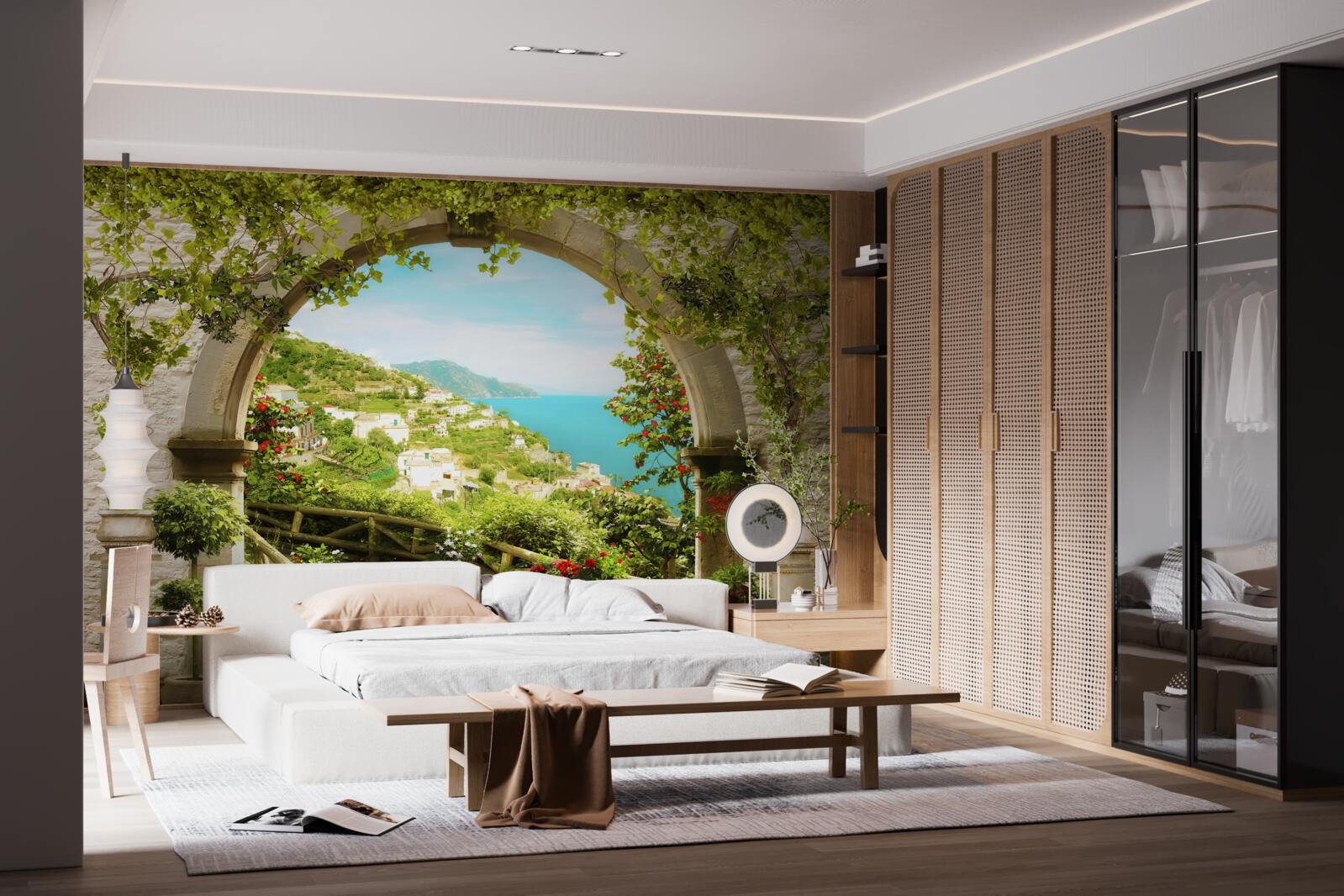 Fototapeta stĺpy vedúce do záhrady plnej kvetov