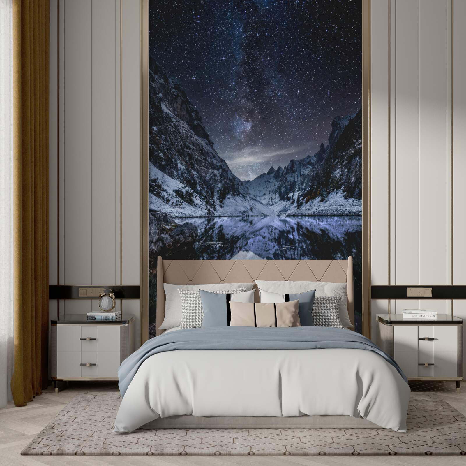 Fototapeta hviezdna obloha v noci nad horami a riekou