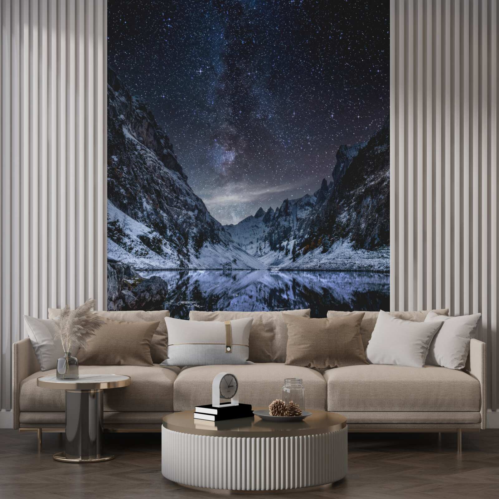 Fototapeta hviezdna obloha v noci nad horami a riekou