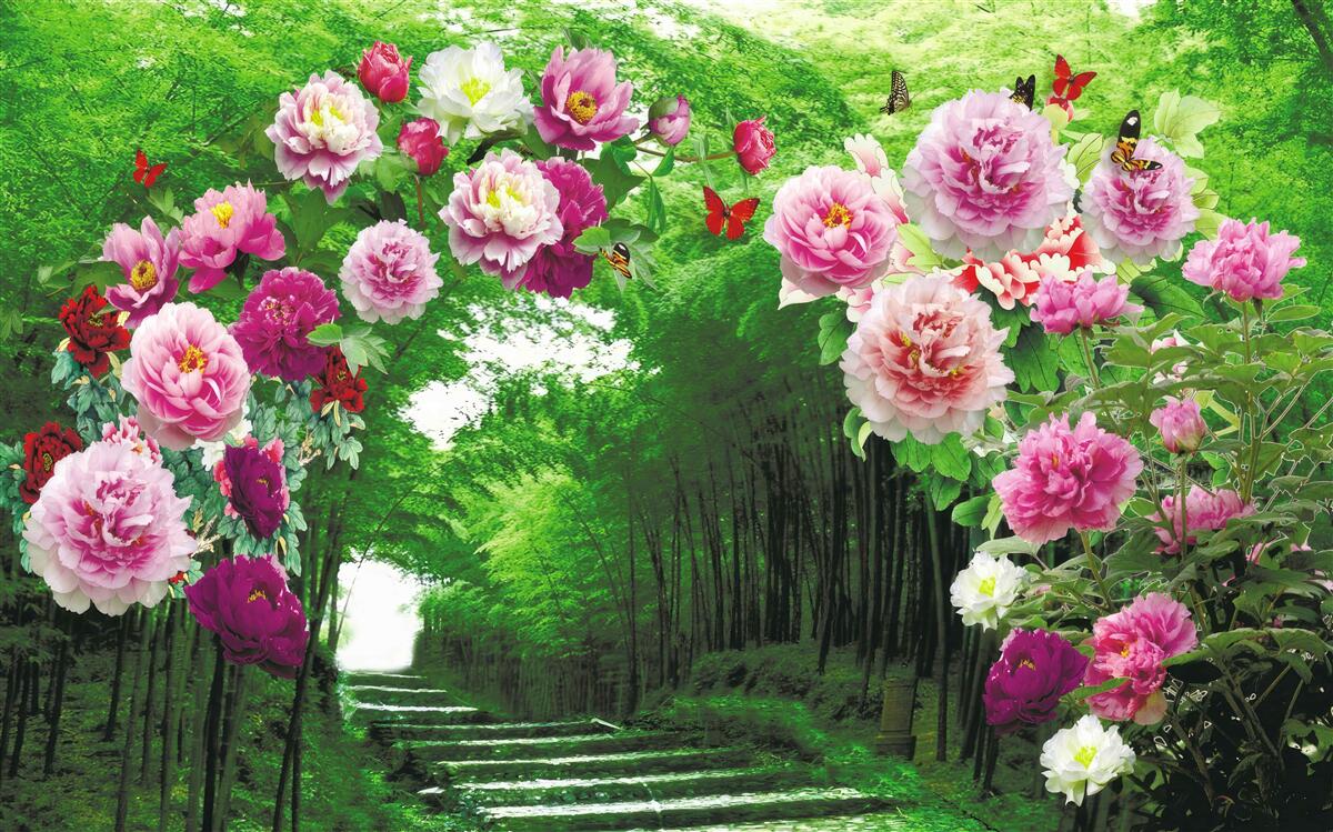 Fototapeta ružové kvety pri vchode do lesa