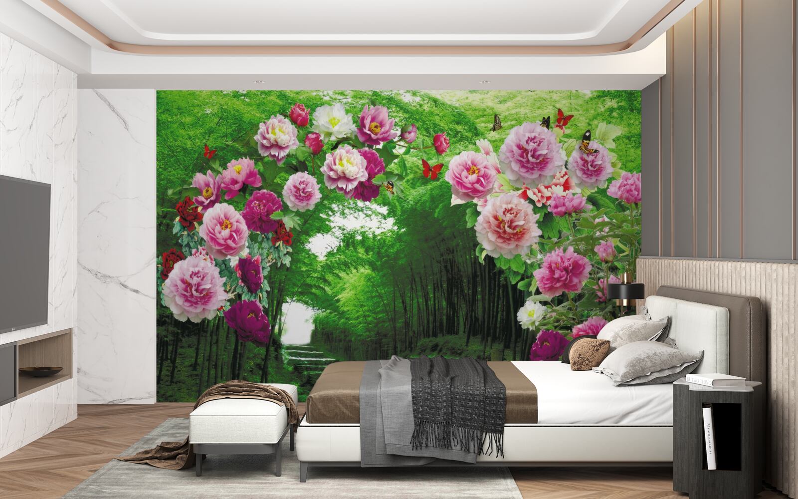 Fototapeta ružové kvety pri vchode do lesa