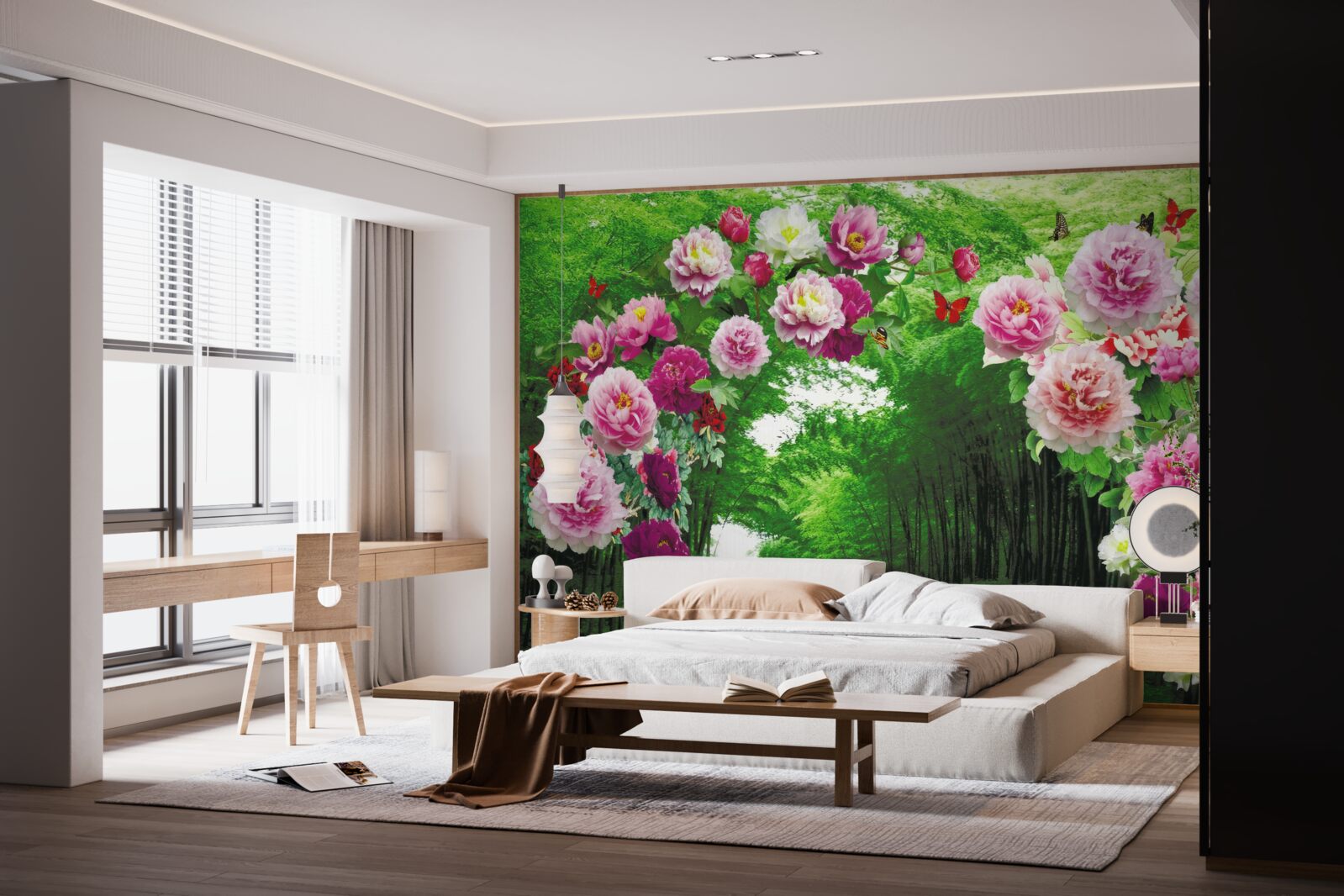 Fototapeta ružové kvety pri vchode do lesa