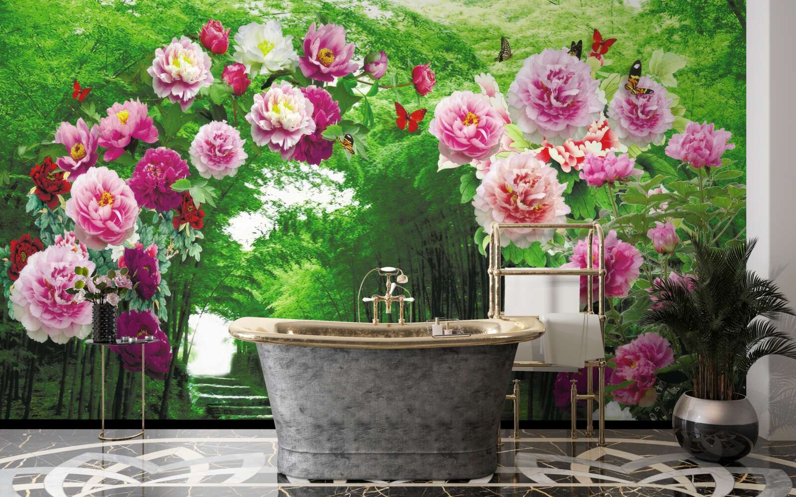 Fototapeta ružové kvety pri vchode do lesa