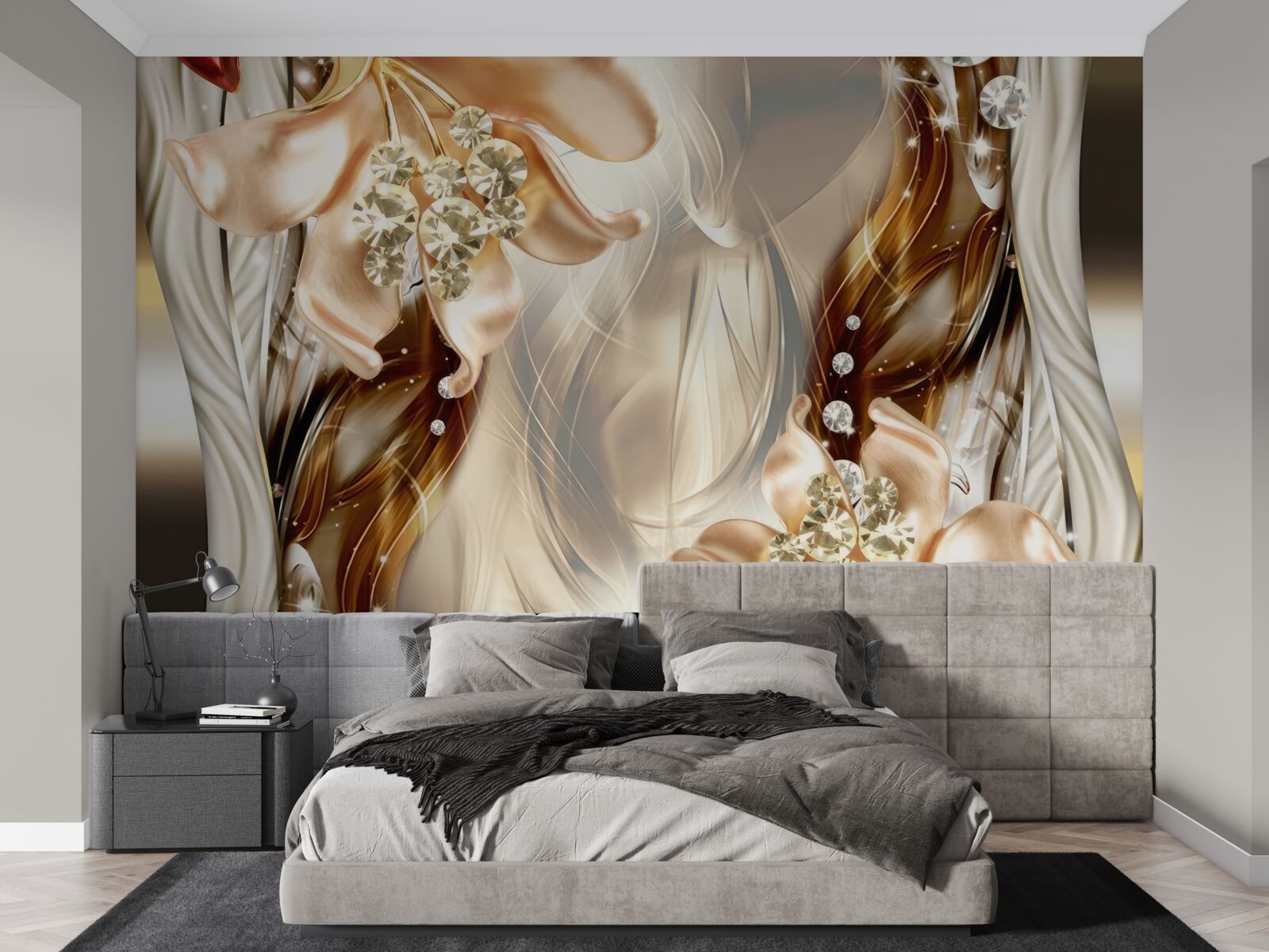 Fototapeta zlaté kvety s kamienkovým zdobením