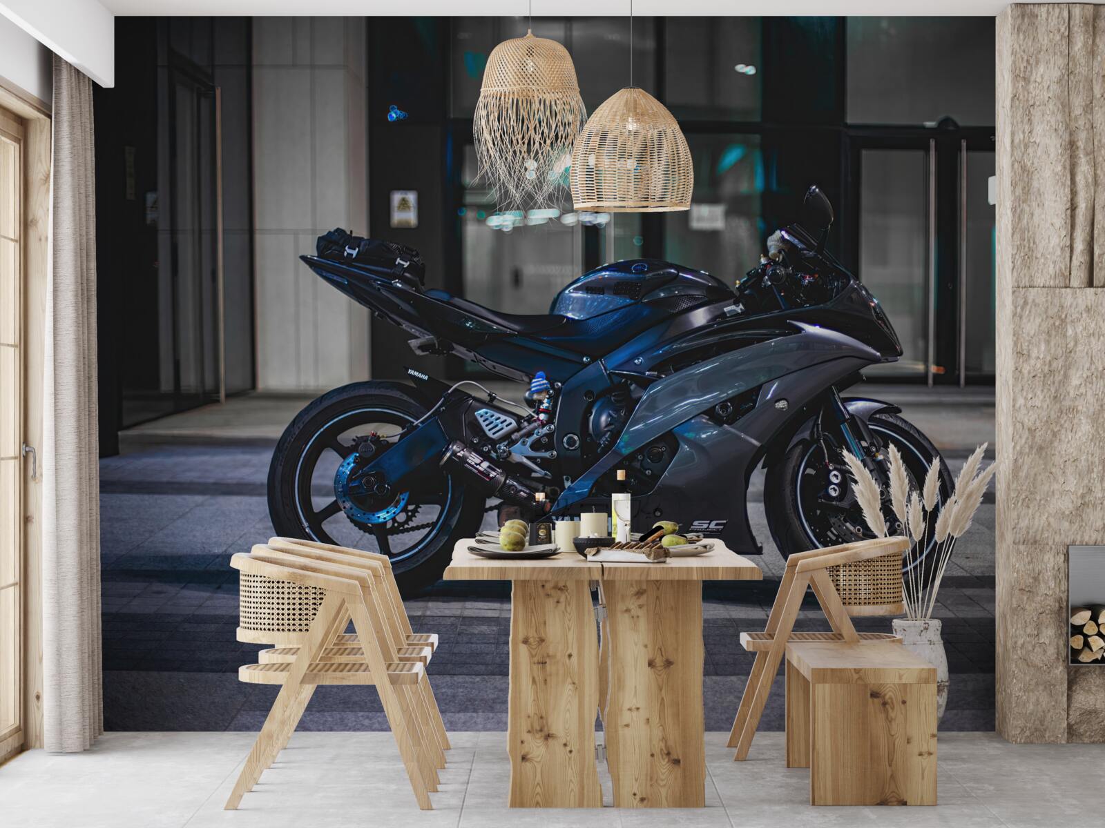 Fototapeta tmavomodrá motorka odložená na parkovisku