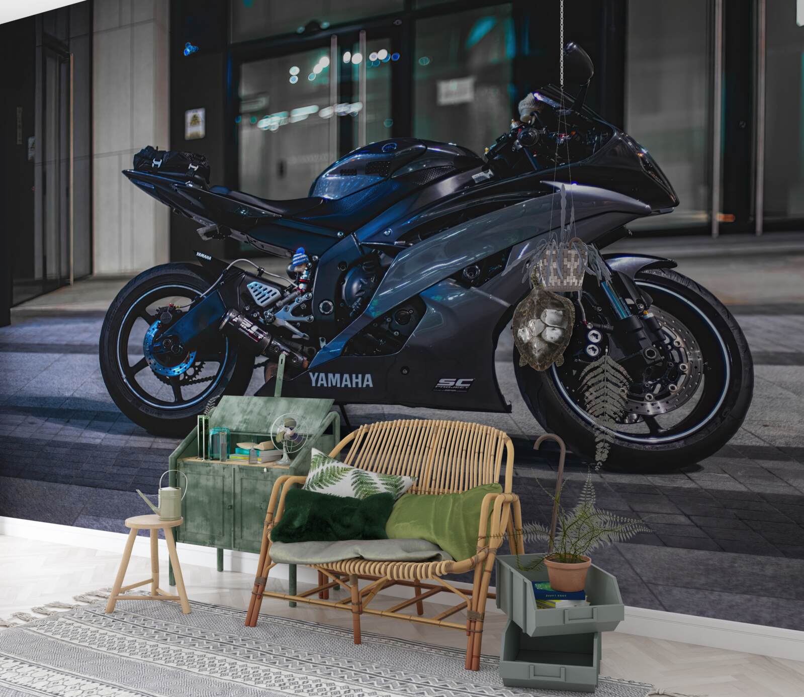 Fototapeta tmavomodrá motorka odložená na parkovisku