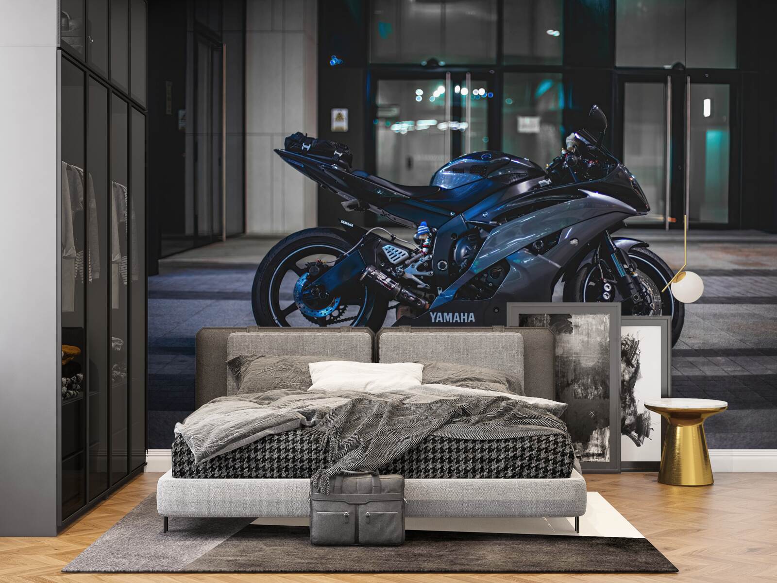 Fototapeta tmavomodrá motorka odložená na parkovisku