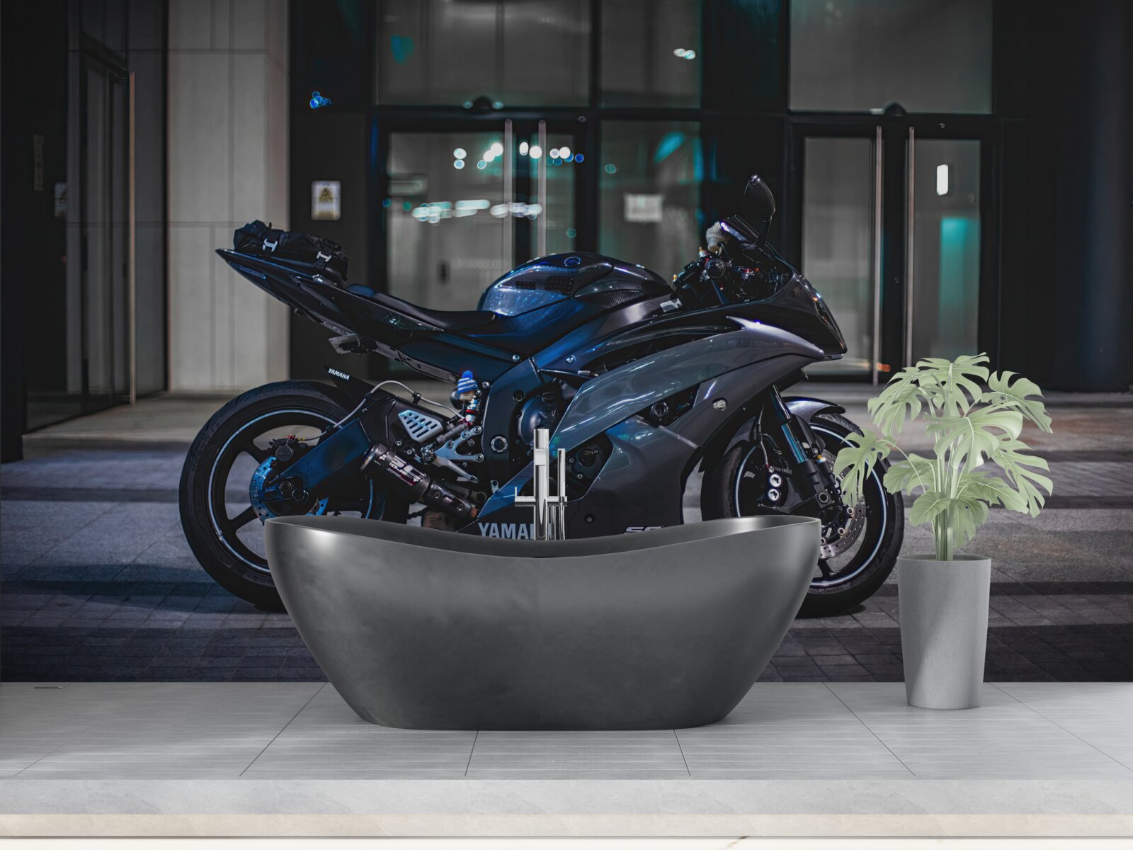 Fototapeta tmavomodrá motorka odložená na parkovisku