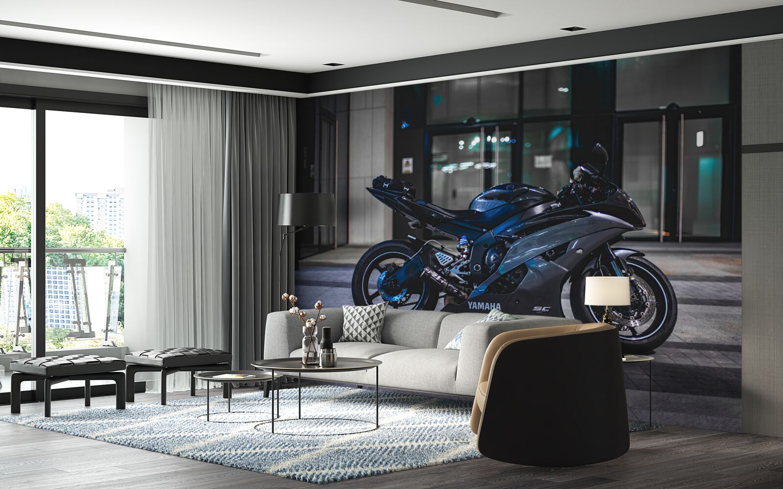 Fototapeta tmavomodrá motorka odložená na parkovisku