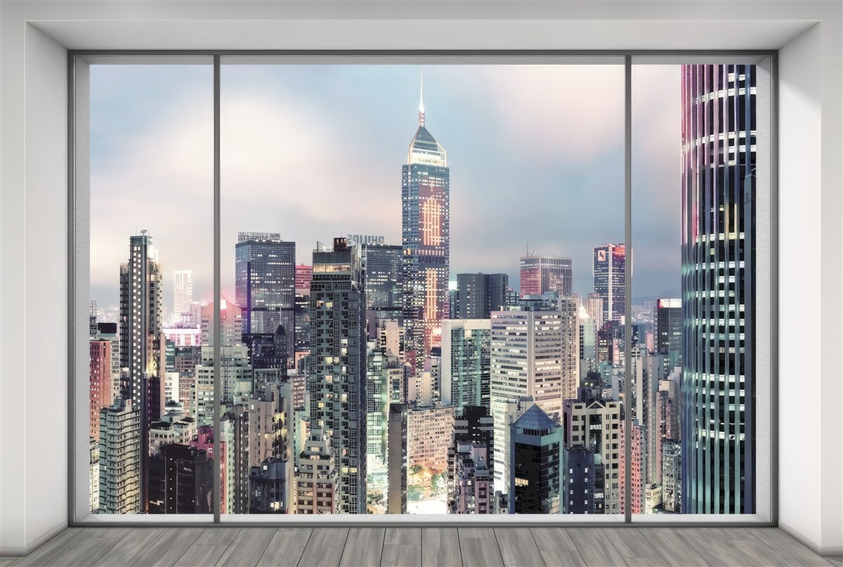 Fototapeta večerná mestská krajina otvárajúca sa z okna