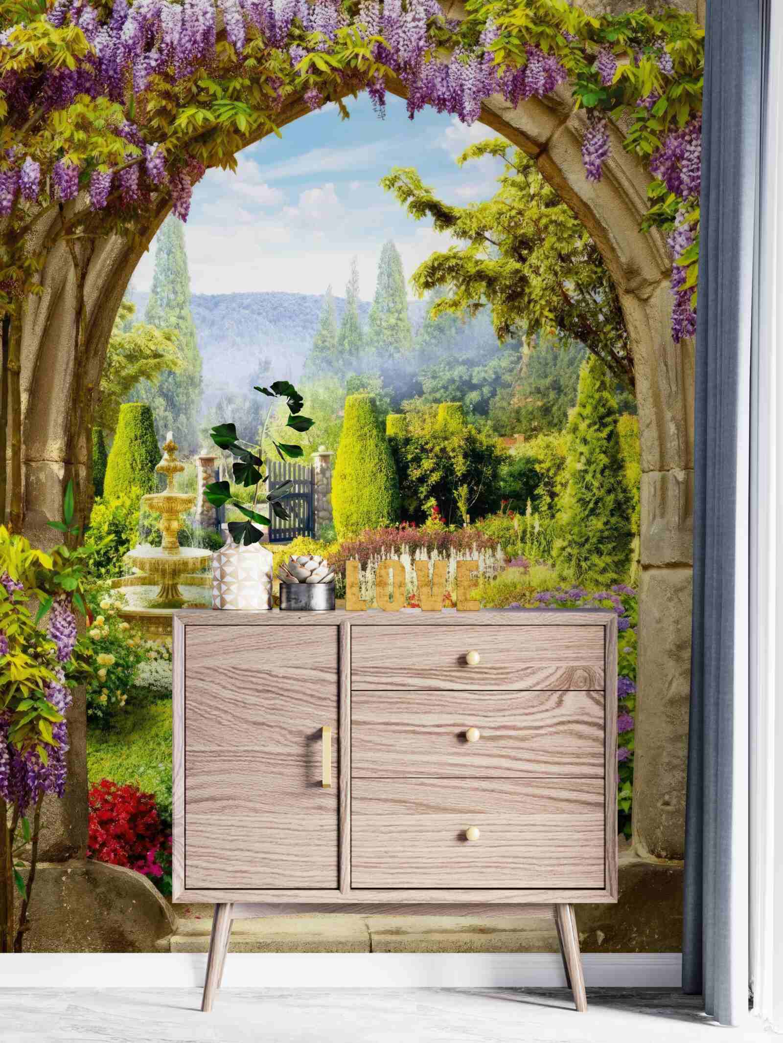 Fototapeta nádherná rozkvitnutá záhrada s fontánou