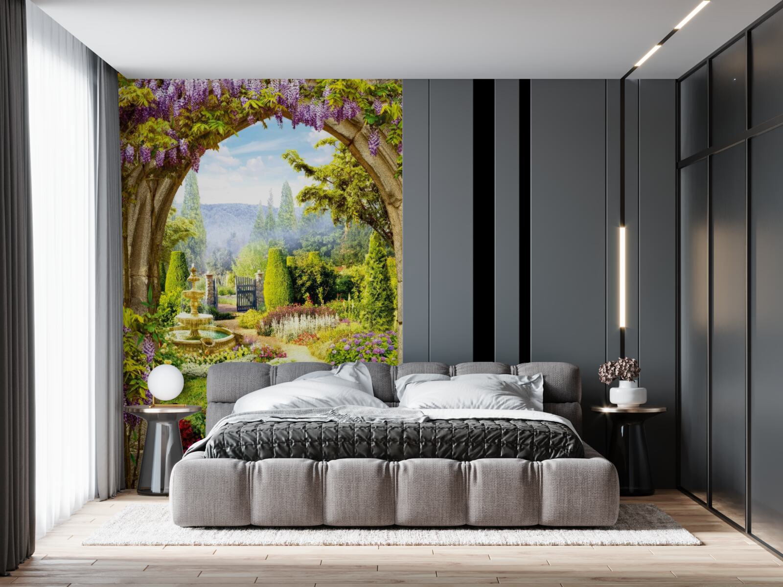 Fototapeta nádherná rozkvitnutá záhrada s fontánou