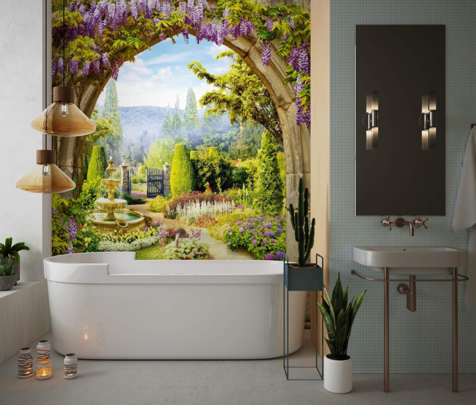 Fototapeta nádherná rozkvitnutá záhrada s fontánou