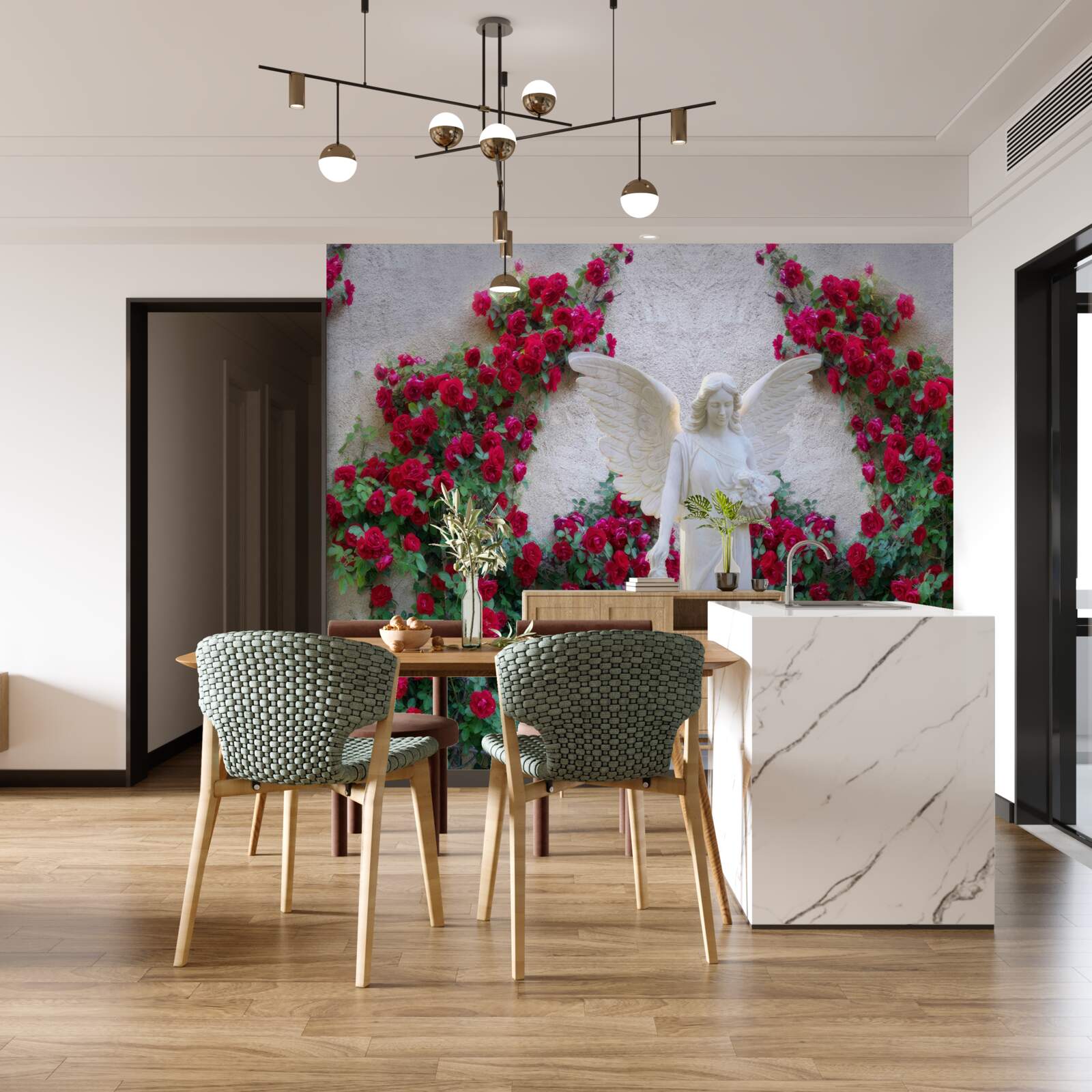 Fototapeta socha anjela obklopená šarlátovými kvetmi