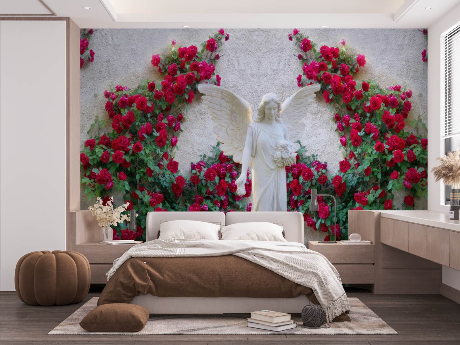 Fototapeta socha anjela obklopená šarlátovými kvetmi