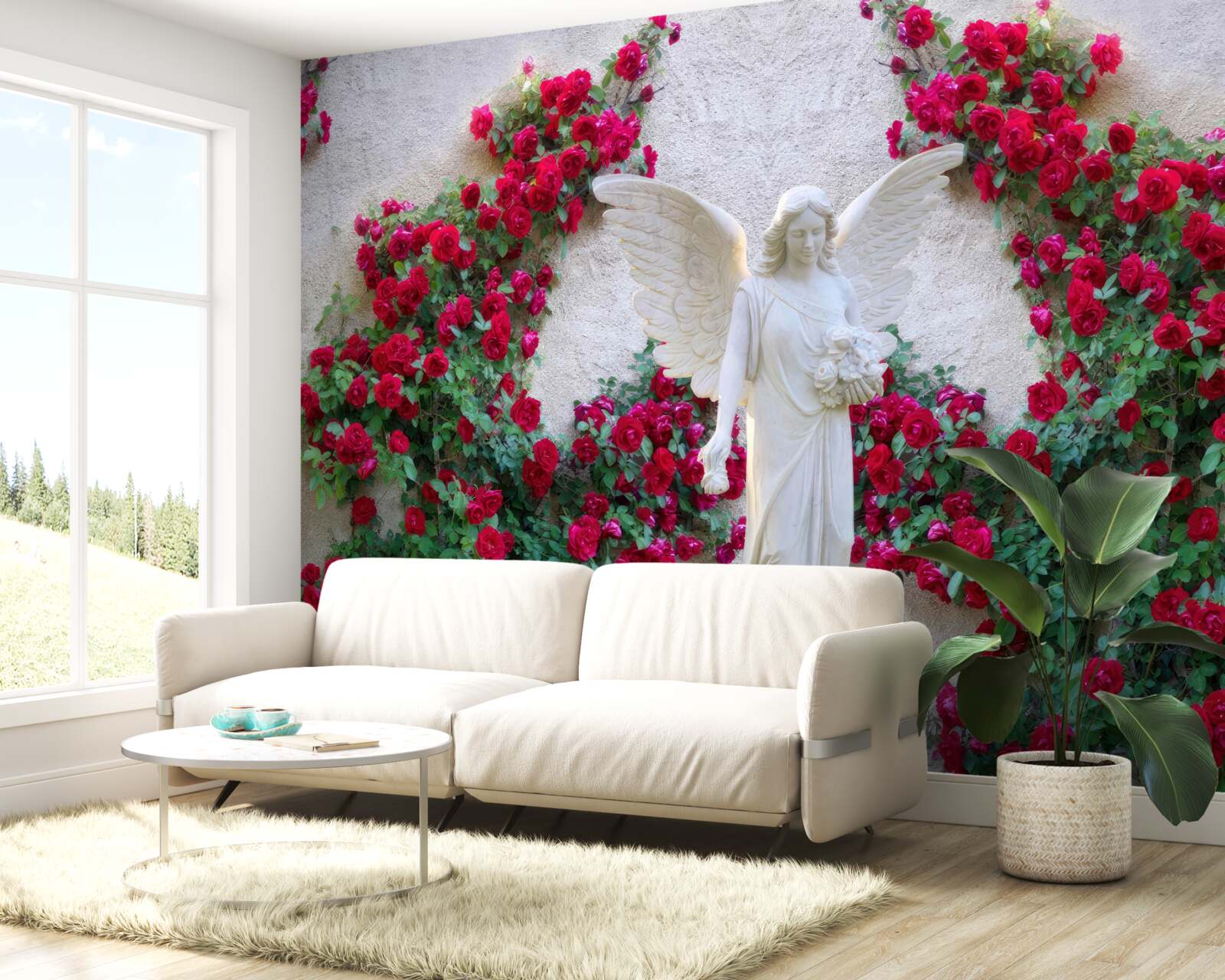 Fototapeta socha anjela obklopená šarlátovými kvetmi