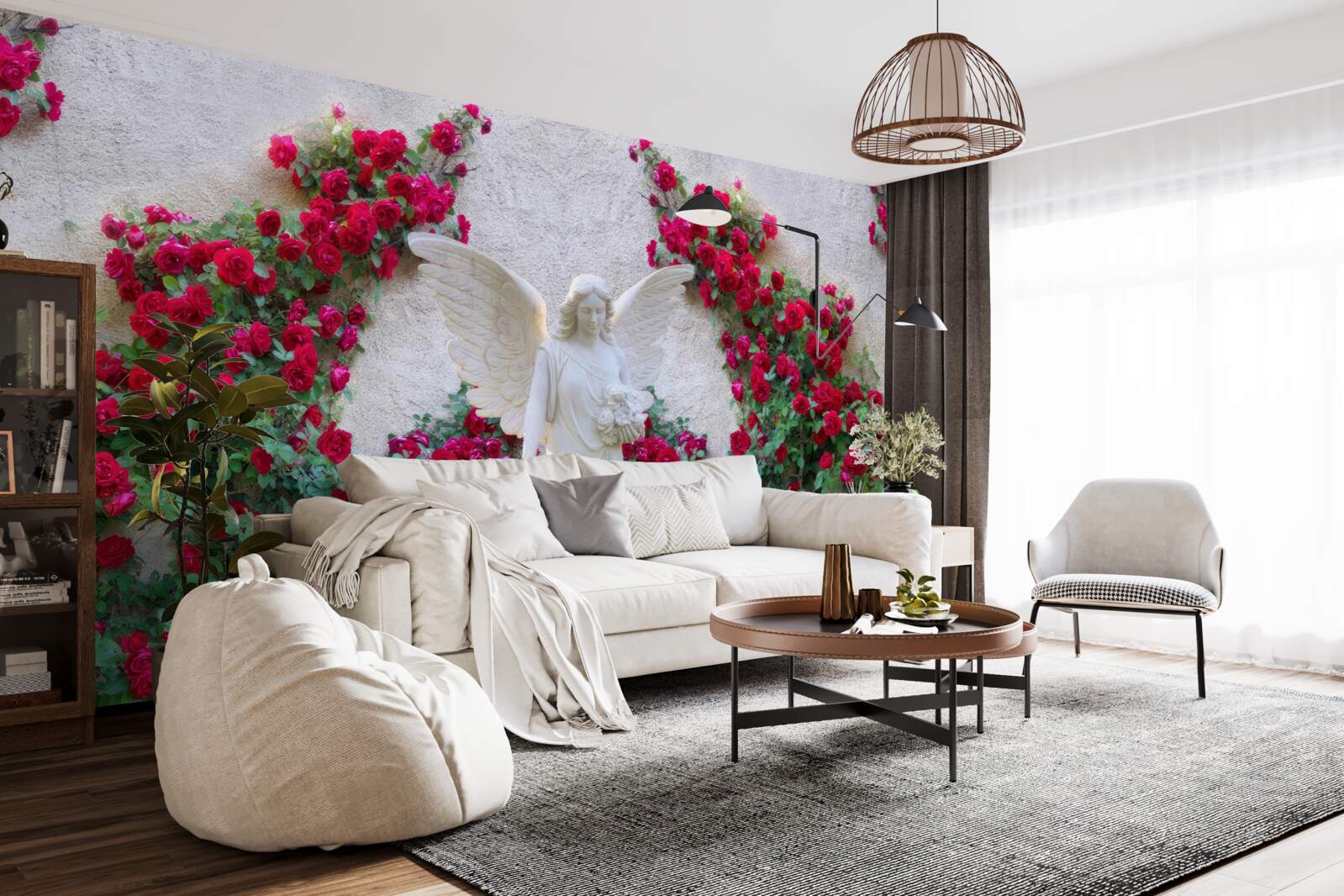 Fototapeta socha anjela obklopená šarlátovými kvetmi