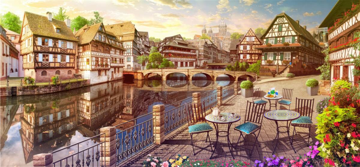 Fototapeta stoly pri vode v historickej časti mesta