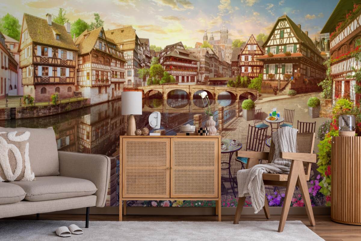 Fototapeta stoly pri vode v historickej časti mesta