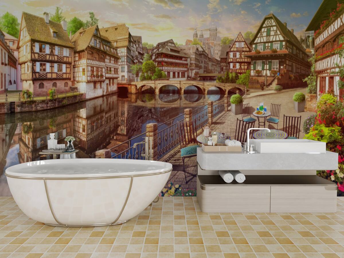 Fototapeta stoly pri vode v historickej časti mesta