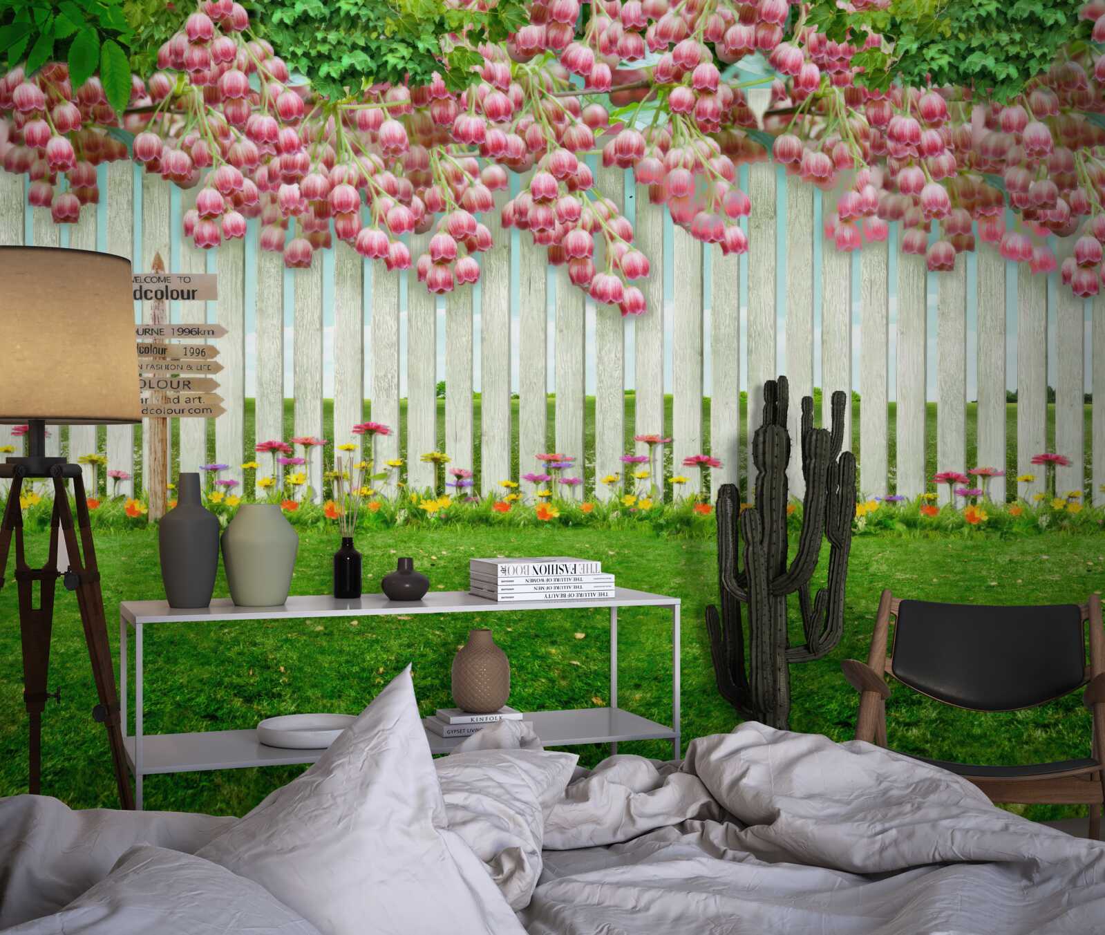 Fototapeta ružové kvety kaskáda cez biely plot